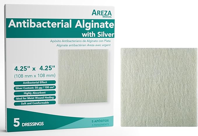 Areza Silver Calcium Alginate Antibacterial Wound Dressing Pads – Sterile, Non-Stick, Highly Absorbent; for Wound Drainage & Infection Risk (4.25″×4.25″, 5-Pack per Box), 1 Box
