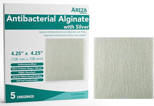 Areza Silver Calcium Alginate Antibacterial Wound Dressing Pads – Sterile, Non-Stick, Highly Absorbent; for Wound Drainage & Infection Risk (4.25″×4.25″, 5-Pack per Box), 1 Box