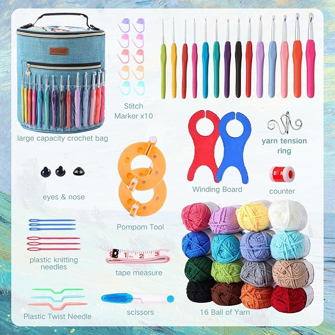Yarniss Crochet Kits for Beginners with Bag,Crochet Set for Adults Including 1120 Yards Crochet Yarn 16 Colors,14 Size Ergonomic Crochet Hooks 2.0mm~10.0mm & Accessories,Slate Blue