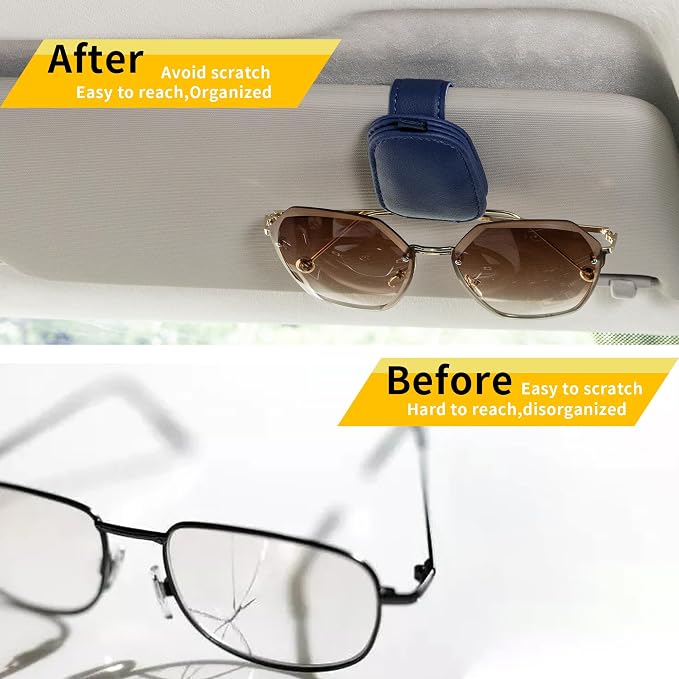 Yuoyar Magnetic Leather Sunglasses Holder for Car, 2 Packs (Blue) | Magnetic Car Visor Accessories