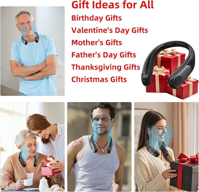 Portable Neck Fan, Personal Wearable Bladeless Fan for Outdoor Indoor, LED Display, 360° Cooling, 4-Speeds, 6000mAh USB Rechargeable, Birthday Gifts for Men Women Dad Mom (Black)