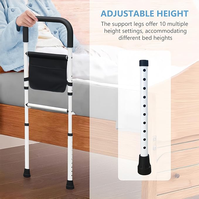 Bed Rails for Elderly Adults with Floor Support, Adjustable Bed Cane with Storage Pocket and Extension Legs for Seniors Hold up to 300 Lbs, Grab Bar Handle Fits King Twin Full Size Bed