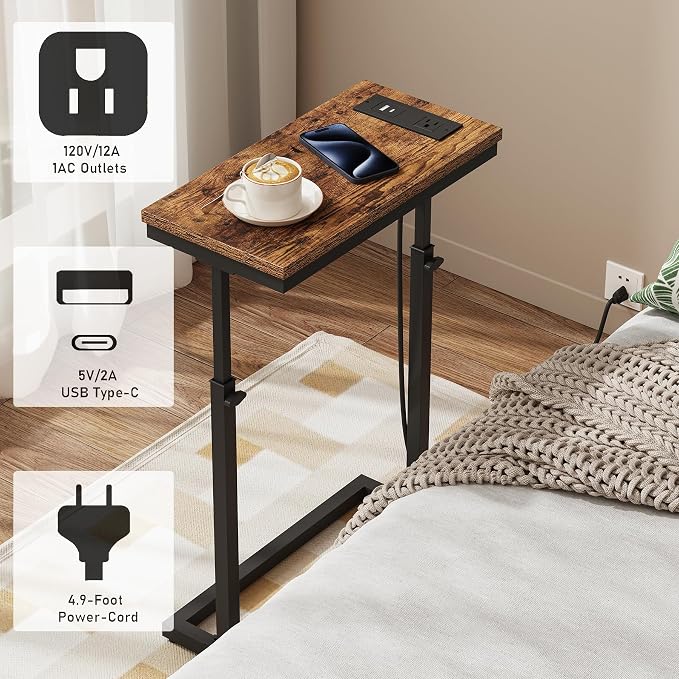 TUTOTAK End Table with Charging Station, Side Table, Tall Couch Table | Sofa Table, for living Room, Bedroom, Brown TB01BB084