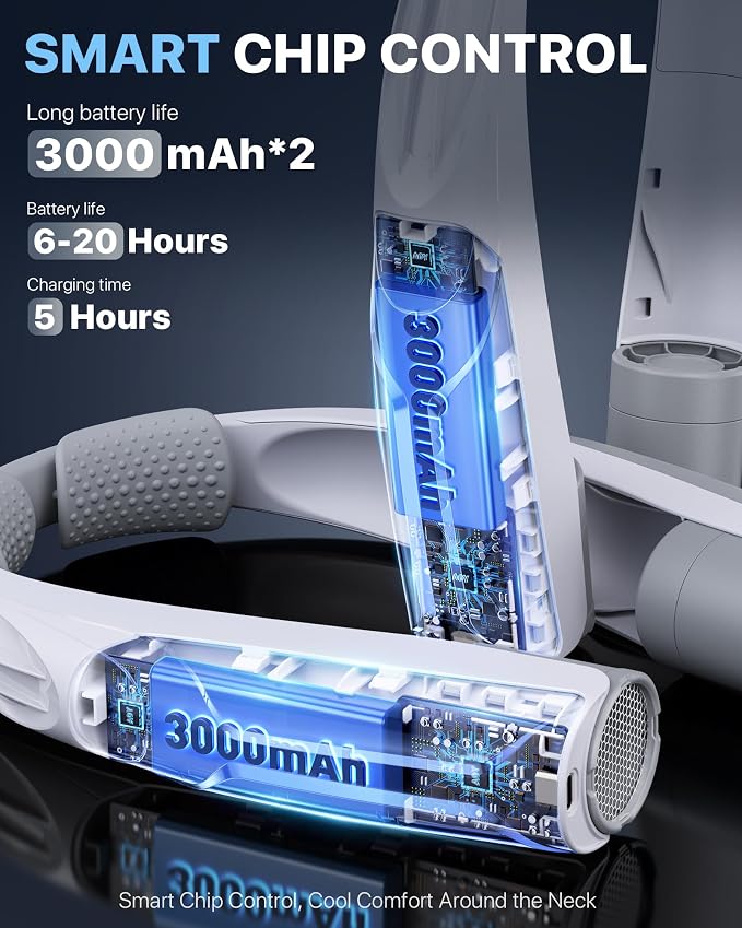 AaoLin Portable Neck Fan USB-C Rechargeable, with 6000mAh Battery, Hands-Free Personal Fan 6 Speeds, 6-20Hrs Cooling, Adjustable 11oz Lightweight, Neck Cooler for Outdoor Sports/Gym/Office