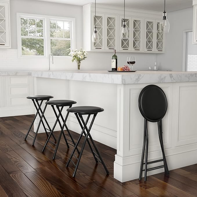 Lavish Home Folding Stool with Padded Backless Seat Set of 4, Black, 24” | Counter Height Bar Stools with 225lb Capacity, Portable Indoor & Outdoor, Extra Seat for Kitchen, Rec Room or Camping