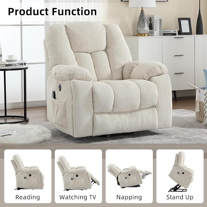 Power Lift Recliner Chair with Massage and Heat for Elderly, Overstuffed Wide Recliners, Heavy Duty and Safety Motion Reclining Mechanism with USB Ports, 2 Concealed Cup Holders, Beige