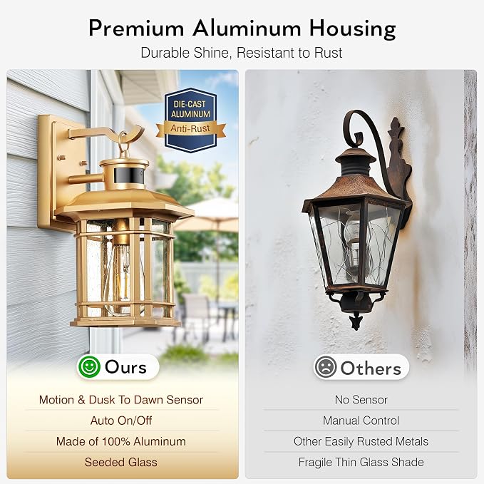 VIANIS Motion Sensor Porch Light, Gold Outdoor Light Fixture Dusk to Dawn, Outdoor Motion Sensor Light Wall Mount, Waterproof, Weather Resistant Carriage Lantern for House, Garage, Front Door