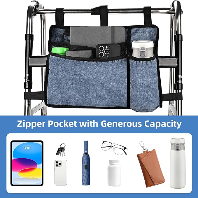 Dark Blue Walker Storage Bag with Cup Holder - Foldable Water Resistant Large Capacity Basket, Armrest Accessories for Folding Walkers Rollators Seniors Elderly Handicap