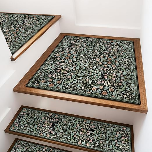 OJIA Floral Stair Treads for Wooden Steps Indoor 31"x31" Landing Mat Black | Non-Slip Stair Runner Carpet Stair Treads Stair Mats Staircase Step Treads for Kids, Elders and Dogs, Stair Covers, Black
