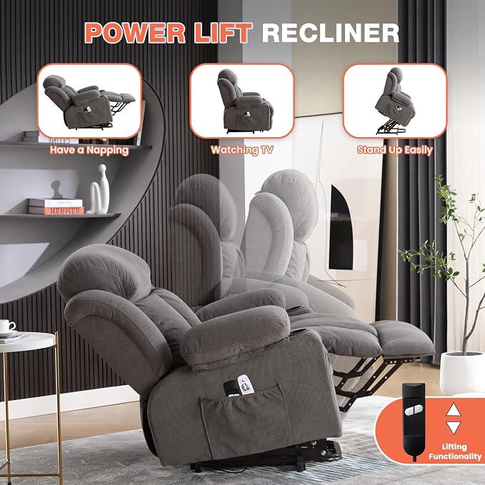 MAHOMICO Power Lift Recliner Chair for Elderly with Vibration Massage and Lumbar Heating,Electric Lift Recliner Single Sofa with Side Pocket,Two Cup Holders and USB Charge Port for Living Room