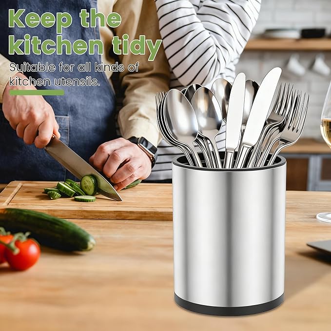 Kitchen Utensil Holder for Kitchen Counter,360° Rotating Stainless Steel Utensils Holder,Large Cooking Utensils Holder with Removable Base,3 Compartments Cutlery Holder