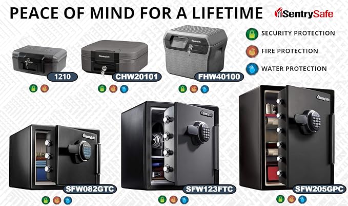SentrySafe Fireproof Safe with Key Lock, Chest Lock Box for Home or Travel Secures Money, Documents, 0.18 Cubic Feet, 6.1 x 14.3 x 11.2 Inches, 1210