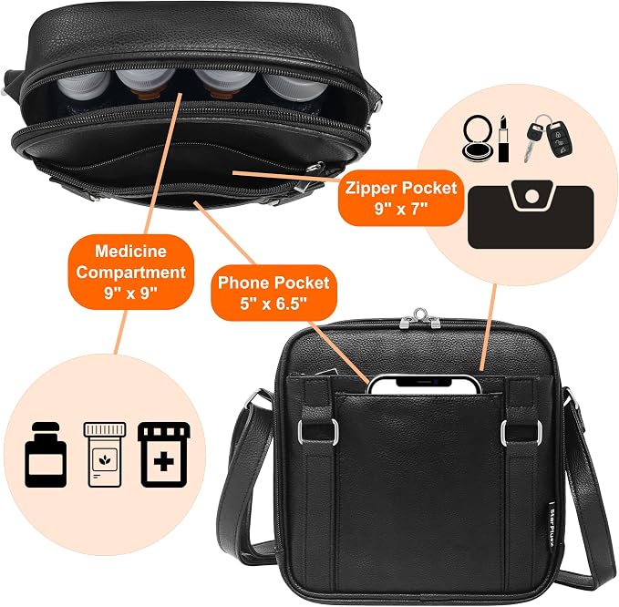 Medium 2-in-1 Pill Bottle Organizer, Crossbody Purse | Prescription bottle organizer with shoulder strap holds 8 pill bottles plus phone, wallet, keys, Black