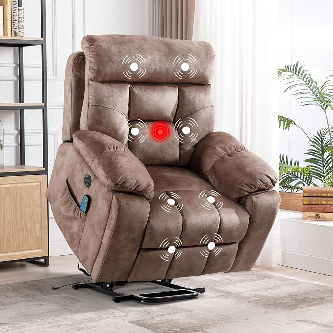 Large Power Lift Recliner Chair with Massage and Heat for Elderly Big and Tall People, Overstuffed Wide Recliners with 2 Cup Holders, Side Pocket and USB Port, Camel