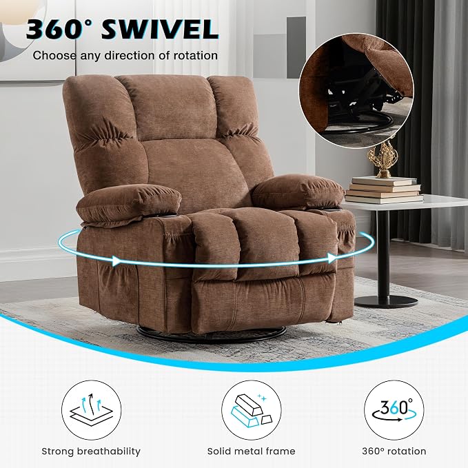 MAHOMICO Oversized Recliner Chair with Massage and Heat, 360° Swivel Rocker | Fabric swivel rocker recliner with ergonomic support, USB charging, cup holders and side pocket for living room