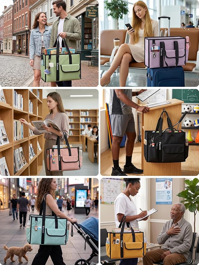 BALEINE Large Utility Tote Bag with Reinforced Bottom, Multi Pockets Foldable Tote Bag for Nurse, Travel, Work