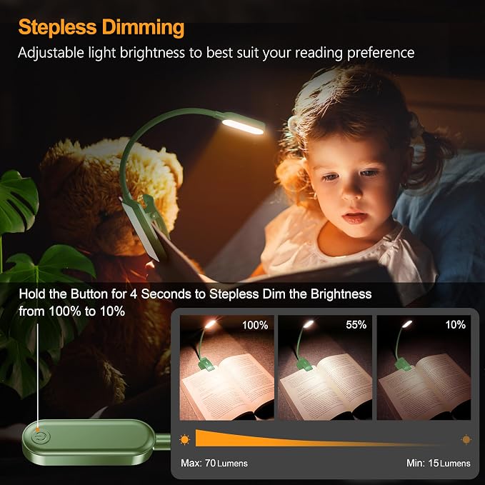 Gritin 16 LED Rechargeable Book Light for Reading in Bed | Eye Caring 3 Color Temperatures, Stepless Dimming Brightness, 80 Hrs Runtime, Lightweight Flexible Clip on Light-Dark Green