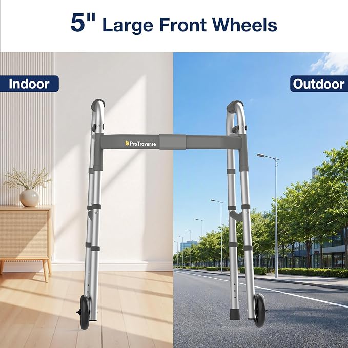 Standard Walkers for Seniors,Folding Walker with Front Wheels, Height and Width Adjustable Standard Walker,350lbs Capacity, Lightweight Aluminum Walker for Elderly Adults and Handicap