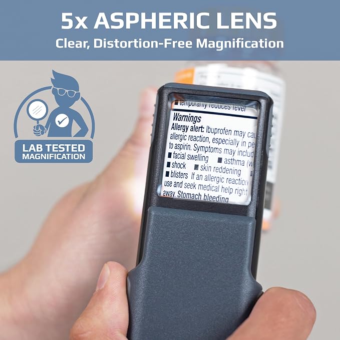 Carson MiniBrite LED Lighted Slide-Out Aspheric Magnifier with Protective Sleeve (PO-55), 5X, Gray
