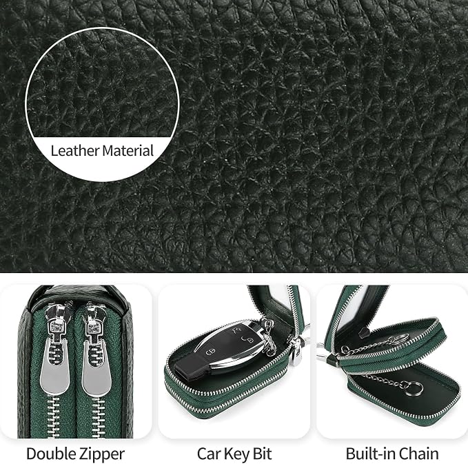 SENDEFN Car Key Fob Case Double Zipper Leather Smart Remote Keychain Protector Holder with Transparent Window