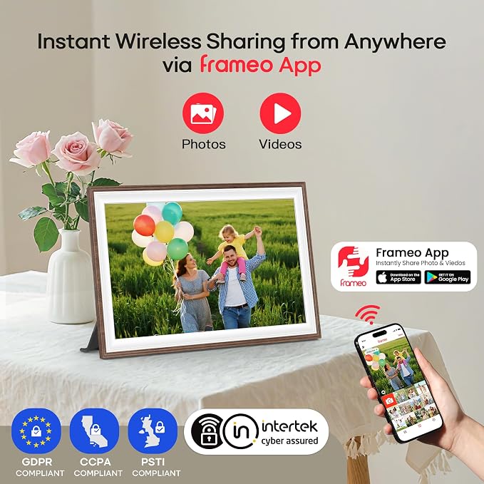 Frameo 10.1" Wood WiFi Digital Picture Frame with 32GB Memory, 1280 x 800 IPS HD Touch Screen Electronic Photo Frame, Auto-Rotate, Slideshow, Wall Mountable, Share Photos/Video Remotely Anywhere