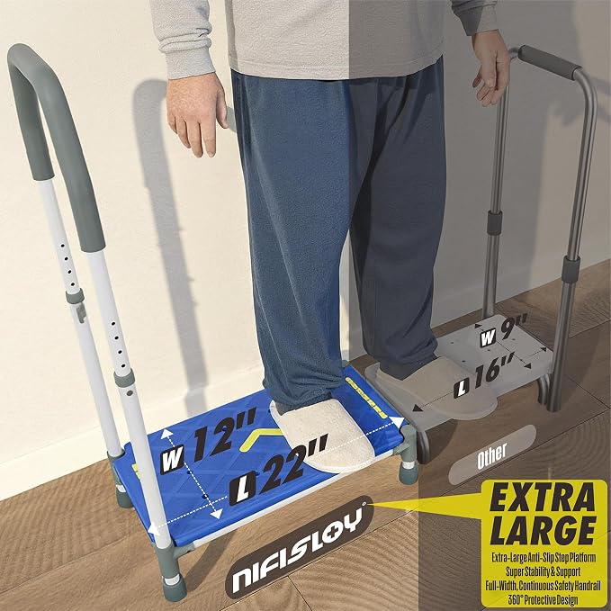 Extra Long Step Stool with Handle for Elderly(22 Inch), Heavy Duty Stepping Stool with Adjustable Handrails for High Beds, Non-Skid Platform Foot Stool for Adults, Seniors, Handicapped (1 Step Blue)