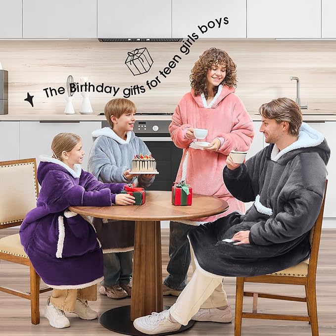 JOYWOO Wearable Blanket Hoodie,Oversized Cat Lovers Sweatshirt Blanket for Adult & Teens,Birthday Gifts for Teen Girls Boys Women,Cozy Fuzzy Sherpa Sweatshirt Blanket Giant Pocket Gifts,Grey Small