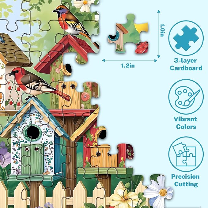 500 Piece Jigsaw Puzzle for Adults, Colorful Garden Birds & Birdhouses | Vibrant birds and blooming flowers for family game night, screen-free fun, wall decor, and gifts for adults and seniors