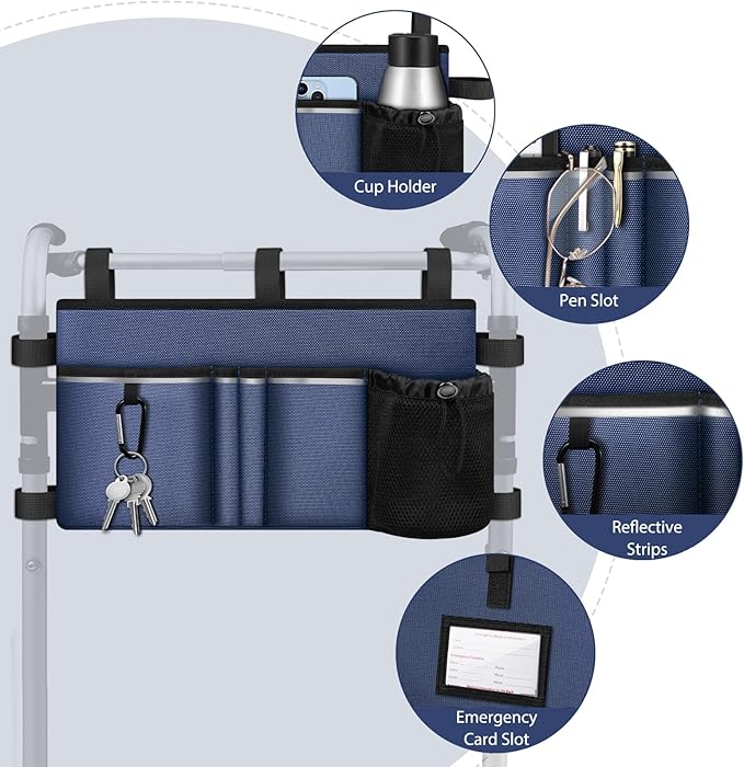 FINPAC Large Walker Tote Bag with Cup Holder, Folding Walker Attachment Hands-Free Storage Basket Mobility Aid Accessory Pouch for Elderly, Senior, Navy Blue