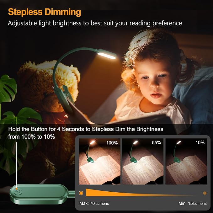 Gritin 16 LED Rechargeable Book Light for Reading in Bed | Eye Caring 3 Color Temperatures, Stepless Dimming Brightness, 80 Hrs Runtime, Lightweight Flexible Clip on Light-Green