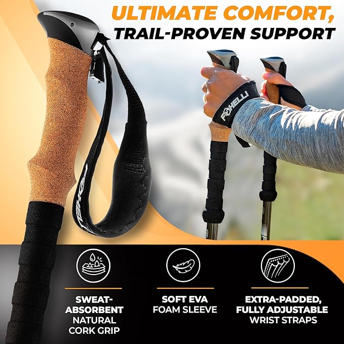 Foxelli Carbon Fiber Trekking Poles – Lightweight Collapsible Hiking Poles with Cork Grips, Quick Flip Locks & All-Terrain Accessories – Adjustable Height Hiking Sticks for Men & Women