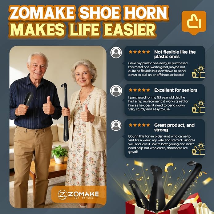 ZOMAKE Shoe Horn Long Handle for Seniors Men Women,Metal Long Shoehorn for Boots,16.5" Shoe Spoon Helper