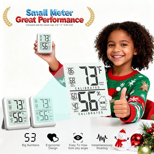 2 Pack Room Thermometer Indoor Hygrometer with Max/Min Record | W/ Battery, 24h Max/Min Record, Accurate Sensor, Fast Refresh, Easy to View, ℉/℃, Durable Kickstand, Compact, for Home Office
