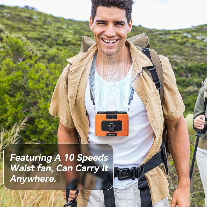 Doublepow 10000mAh Portable Waist Fan, Personal Dual Waist Fan, Clip On Belt Hanging Neck, Dual Motor 20H&10 Speed 16000RPM Strong Airflow, USB Rechargeable Fans, for Outdoor Work Travel(K60-Orange)