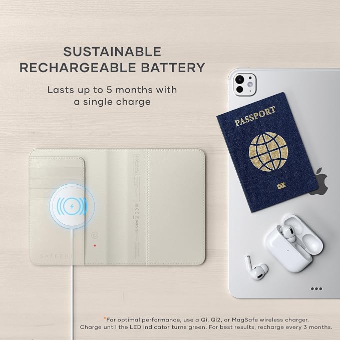 Satechi Passport Holder with Find My Tracking, 4-Slot Card Wallet, Sand | 4-slot card wallet, wireless charging, RFID protection, vegan leather