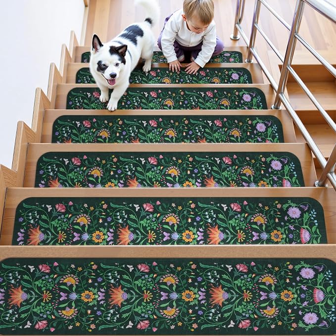 OJIA Stair Treads Non Slip Stair Runner for Wooden Steps Indoor 15PC 8"x30" | Rubber Backing Floral Carpet Stair Treads for Wood Stairs Staircase Step Treads for Kids & Dogs, Stair Covers, Green