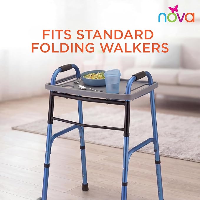 NOVA Walker Tray Table with Spill-Proof Raised Edges and Two Cup Holders and for Seniors, Standard Folding Walker Accessory, 16 x 23 Inch