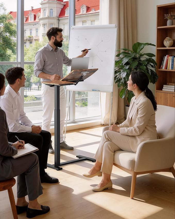 Sakugi Overbed Bedside Table with Wheels, Right-Side Tilt Top, Laptop Desk | Home & Office, Hospital Bed Table, Rolling Bed Tray, Height Adjustable, Brown,12.9" D × 27.6" W × 29.1"–39" H