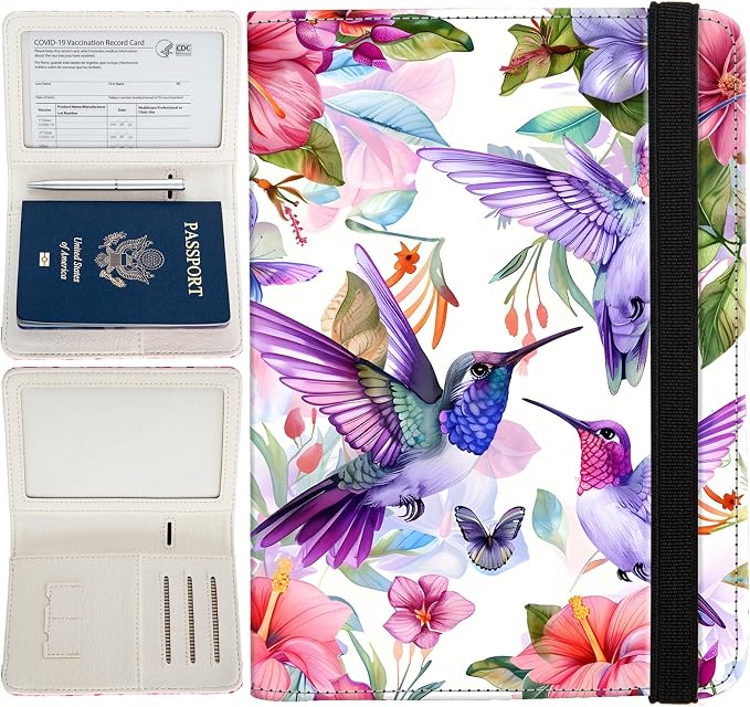 Passport Holder,Cute Passport Cover,Travel Wallet with Credit Card Slots Rfid passport Wallet Waterproof Documents Organizer Women Men (Hummingbirds flowers)