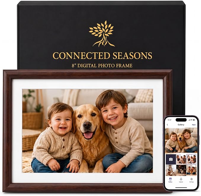 8” WiFi Digital Picture Frame – 100% Real Wood Frame, HD Touchscreen, 16GB Storage, MicroSD/USB-C, Auto-Rotate, App Sharing, Electric Picture Frame Slideshow, Desk & Family Use, Moms Birthday Gifts