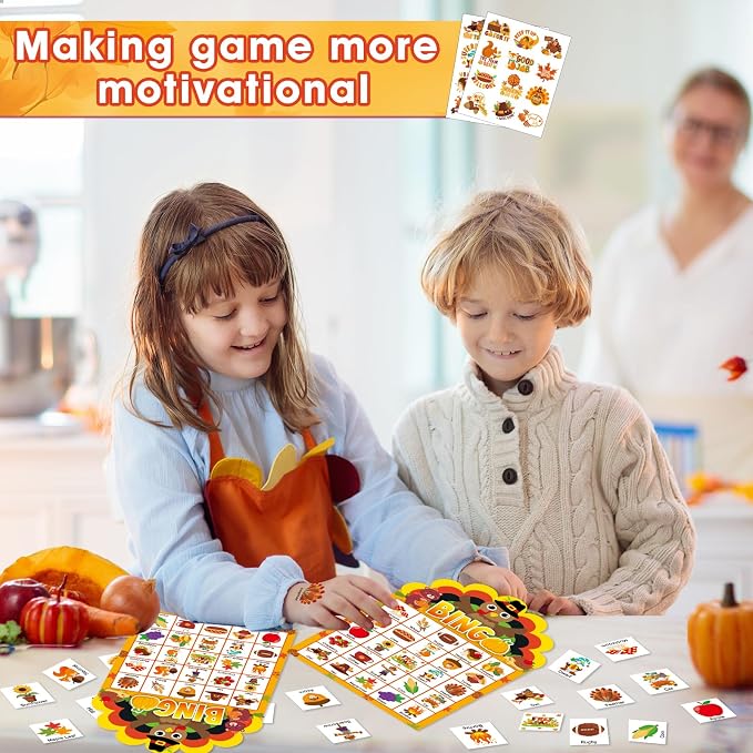 39 Pcs Thanksgiving Party Bingo Game for Adults Kids 24 Players Turkey Shaped Bingo Game Cards with Reward Stickers for Family Friends Students Large Group Activities Fall Autumn Festival Party Favors