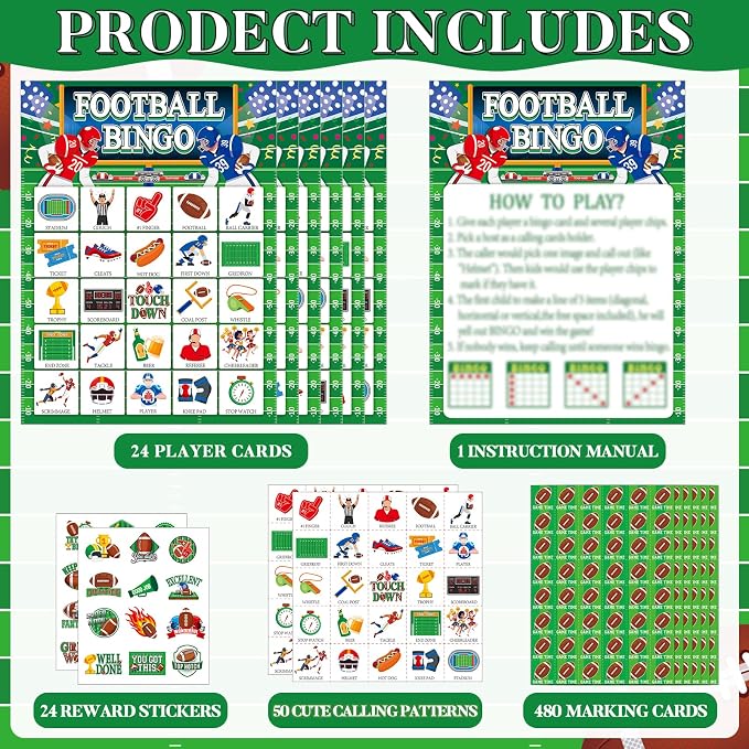 Lonfliness 39Pcs Football Bingo Game for Adults 24 Players American Football Bingo Game Cards with Reward Stickers for Family Friends Large Group Activities Sports Theme Birthday Party Favors
