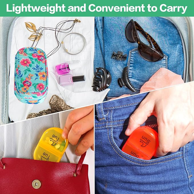 Serfeymi Weekly Travel Pill Organizer 2 Times A Day AM PM Upgraded Rainbow Pill Box 7 Day with Portable Zipper Canvas Pill Case, Medicine Organizer for Pills, Vitamins, Fish Oils - Green 01