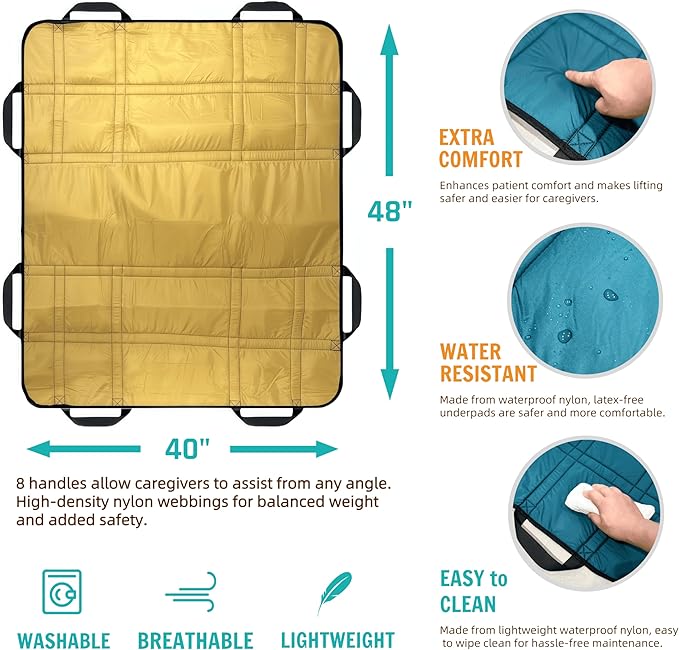 Upgraded 3-Layer Comfort Positioning Bed Pad with Handles Washable Waterproof Transfer Board for Turning Moving Patient Inconvenience Care Transfer Sheet, 48" x 40", Large, Savanna Gold