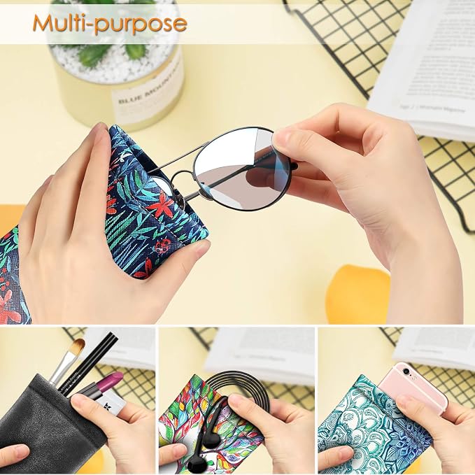 FINTIE Soft Eyeglasses Case with Cleaning Cloth, Portable Squeeze Top Vegan Leather Glasses Pouch, Sunglasses Eyewear Bag