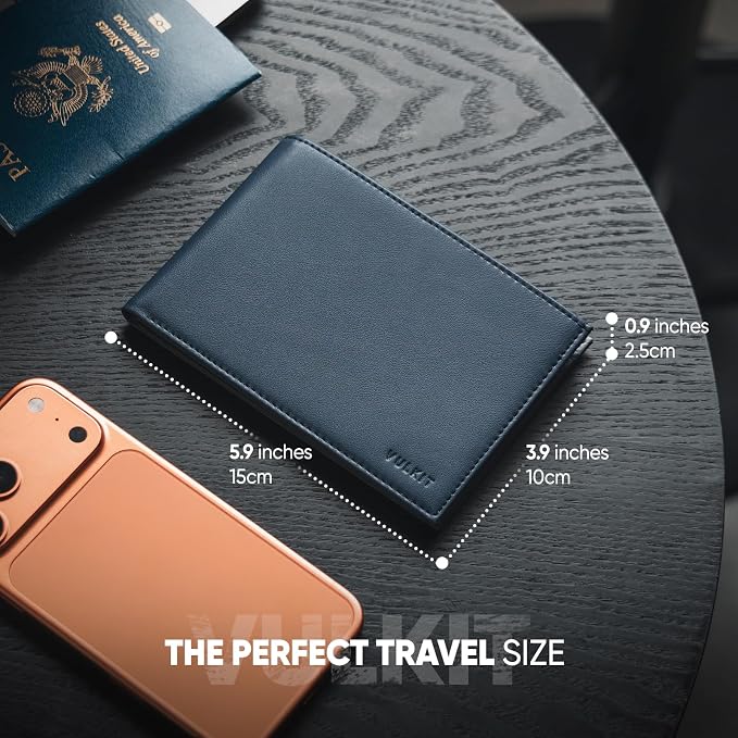 VULKIT Bilfold Passport Holder Leather RFID Blocking Passport Wallet with Hidden Pocket Slim Travel Documents Organizer for Men or Women (Passport, Card, Cash, Coin, SIM Card, Ticket)