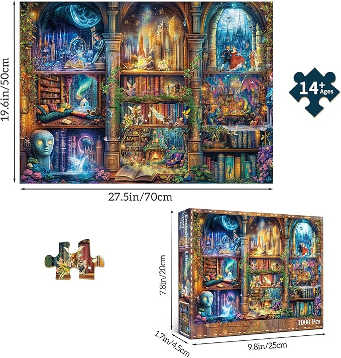 Puzzles for Adults 1000 Pieces, Enchanted Library Jigsaw Puzzle with 1:1 HD Poster, Perfect Interlocking No Dust, Stress Relief Ideal Gift for Family Games