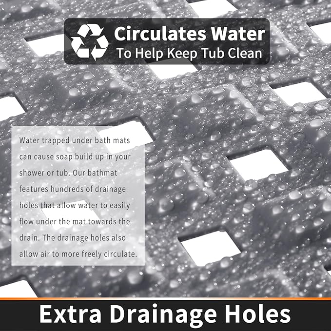 Yimobra Bathtub Mat Non Slip, Super Strong Suction Cups, 27.5"x15.5" Long Shower Mat with Drain Holes, Machine Washable Fast Draining Bath Mats, Bathroom Essentials,Gray