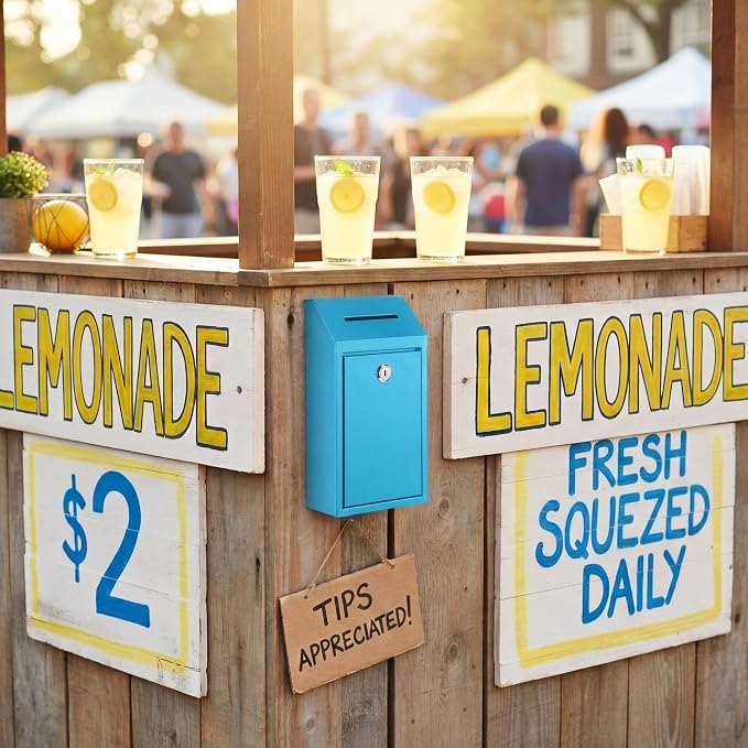 Yaocom Metal Money Box,Light Blue,10.24 x 5.71 x 2.95 Inch,No Lid | Wall Mounted Drop Donation Cash Box for Farm Stand Collection Safe Suggestion Box with Lock Container for Home Office Outdoor