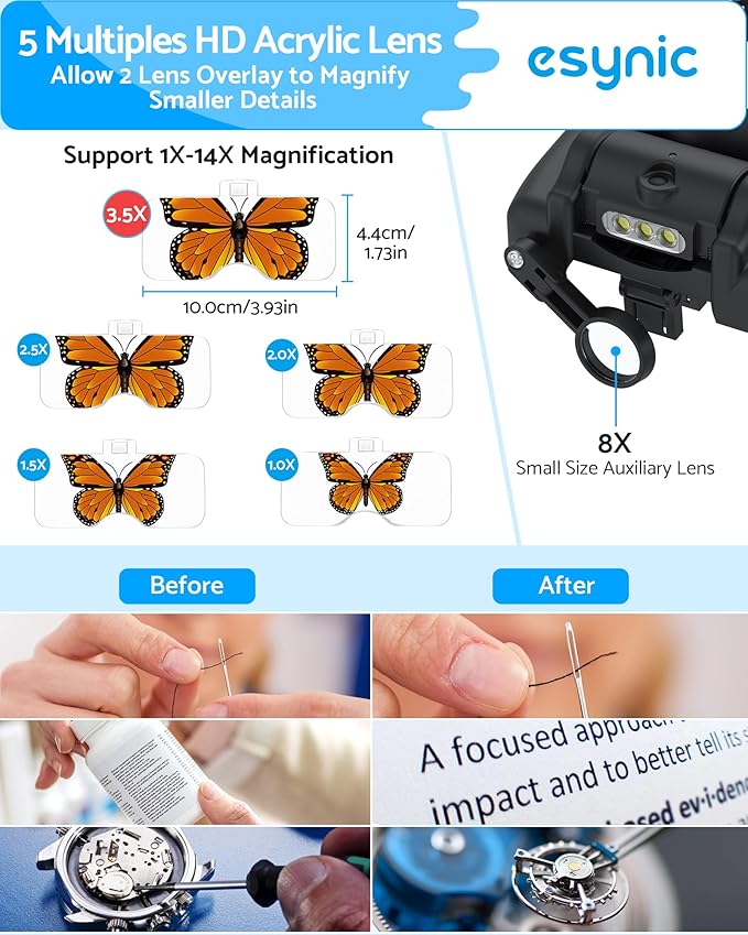 eSynic Professional 1-14X Head Magnifier Wearable Headband Magnifying Glasses Rechargeable Head Magnifying Glass with 3 LED Lights &5 Detachable Acrylic Lenses for Craft Work Reading Sewing etc
